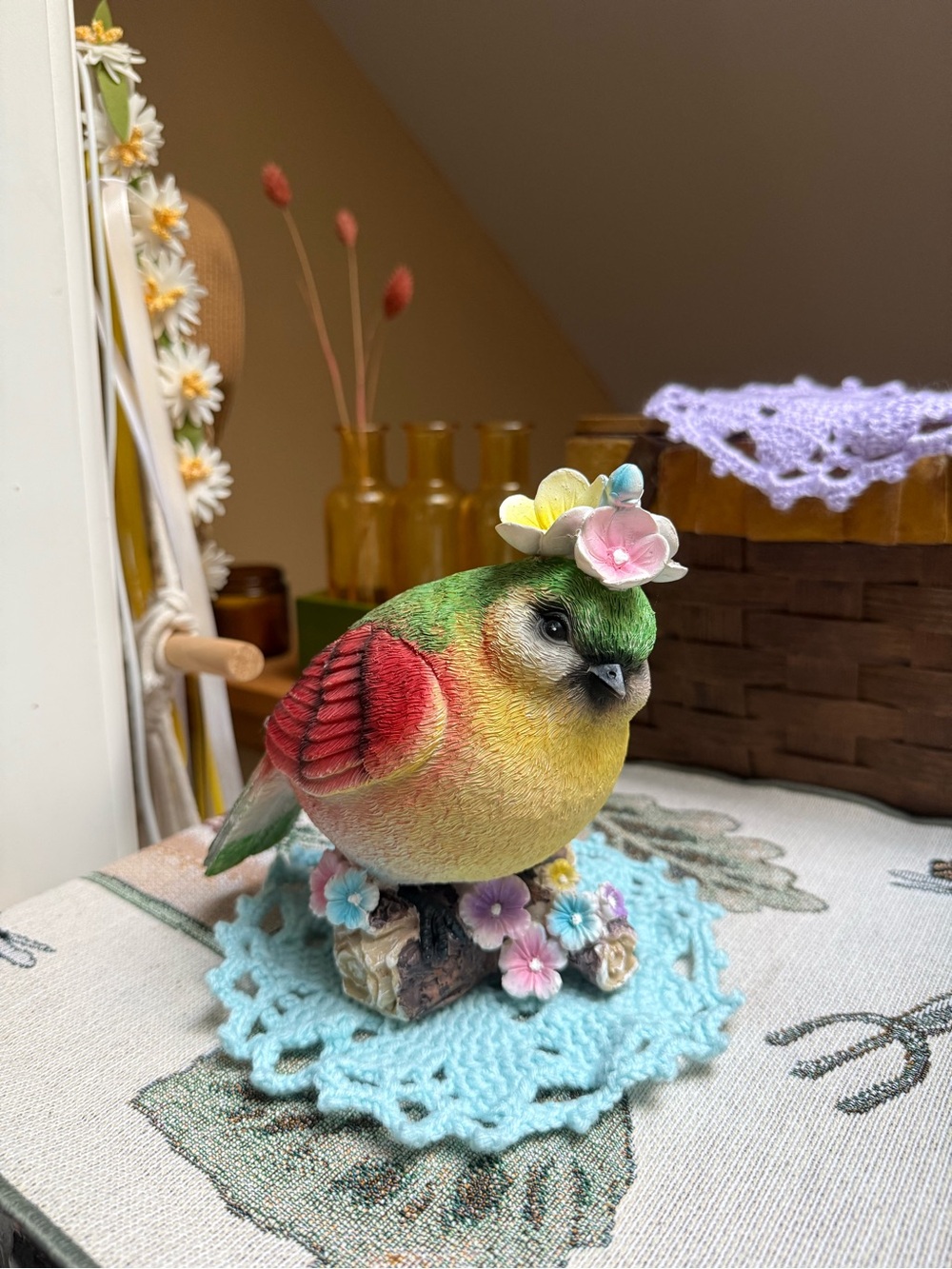 Colorful Decorative Bird Figurine with Pastel Floral Accents -Green, Red, Yellow